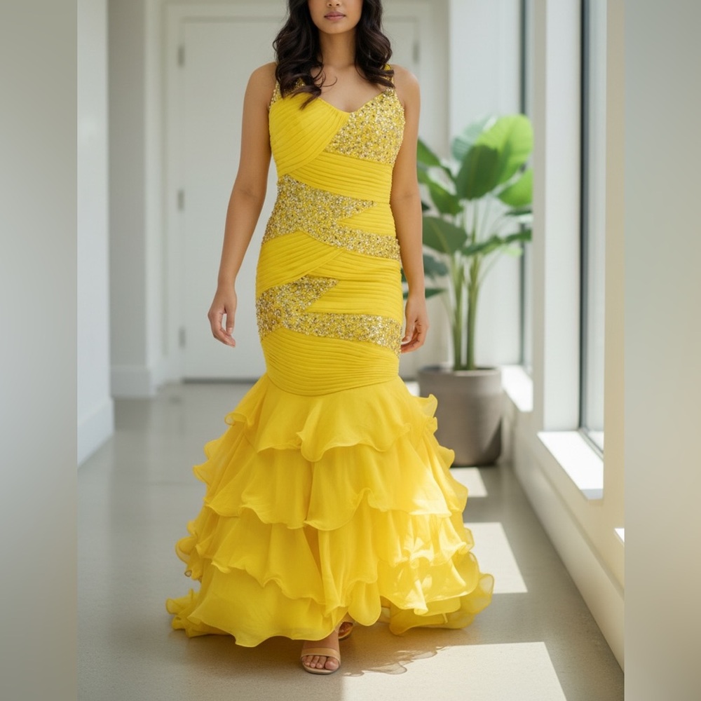 Tony Bowls Yellow Beaded Prom Dress